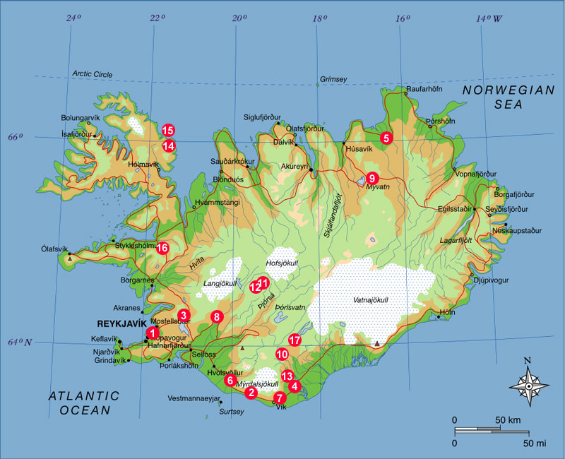 Islandkarte mit Flugorten